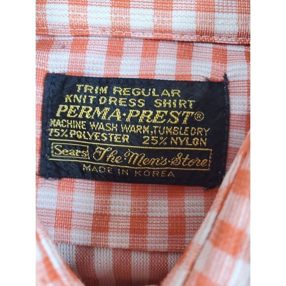Vtg 70s Sears Shirt Men L Trim Reg Orange White Gingham Check Fitted Lightweight - Picture 2 of 11